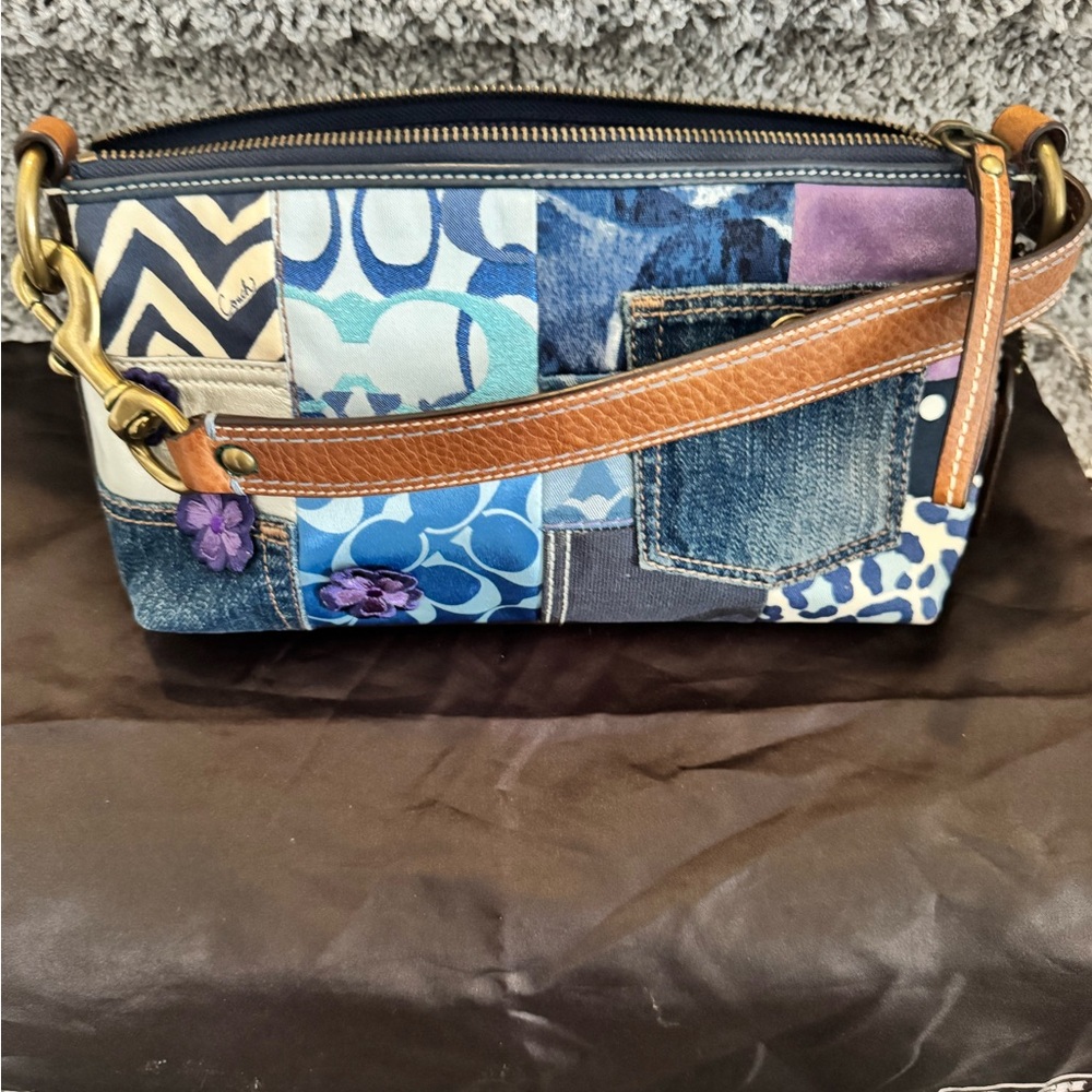 Coach Denim Patchwork Shoulder Bag with Leather Trim